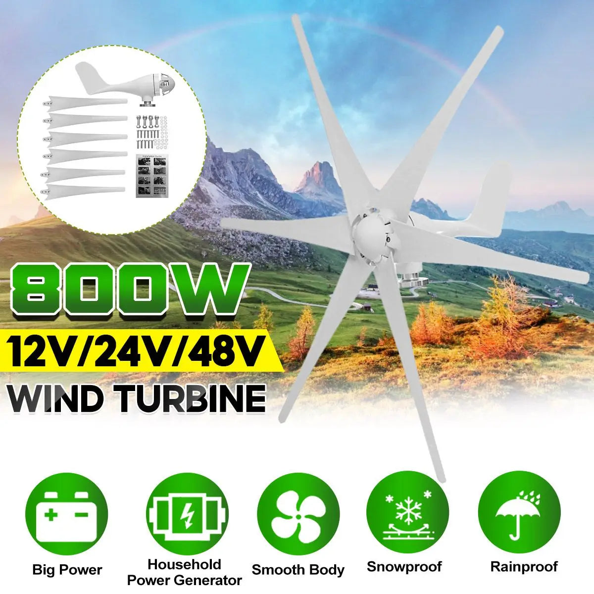 Wind Turbine Generator, High Efficiency 800W, 12V 24V 48V, 6 Blades, Horizontal, Small, Home Use