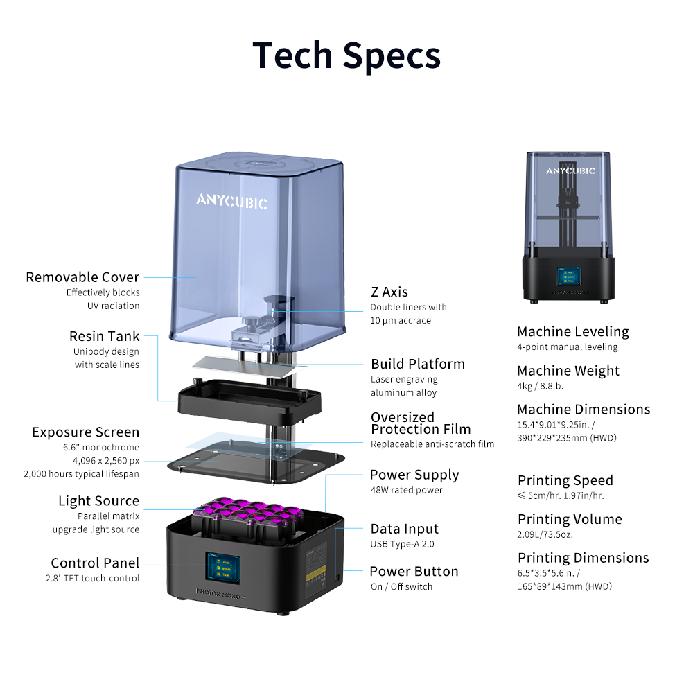 3D Printer, Anycubic, Photon Mono 2, 220V, LCD, UV Resin, USB, 2L, Black