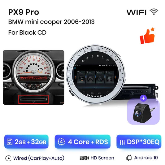 WiFi Controlled, PX9 7" Autoradio For BMW Mini Cooper R56 R57 R58 R60 2006-2013, 2GB-32GB, with camera, Android Auto Carplay Stereo, Color: Black, Size: 7"