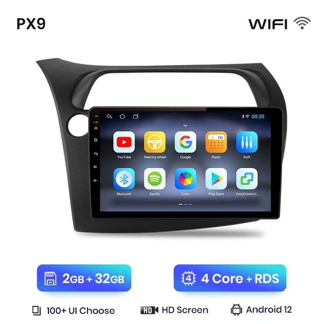 WiFi Controlled, A-1 PX9 CarPlay Multimedia Player, 2GB-32GB, Android Auto GPS, 2din autoradio, Honda Civic Hatchback 2005-2011, Black