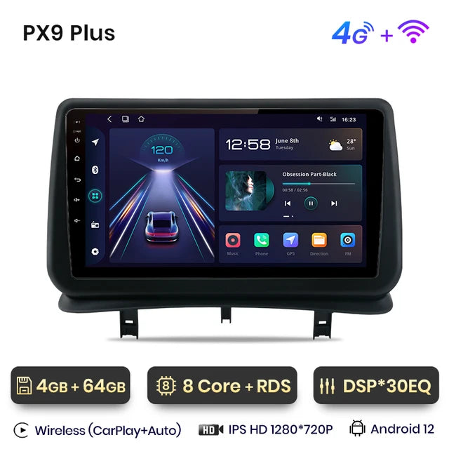 Wireless Speakers, , PX9 Renault Clio 3 2005-2014 4GB-64GB Android CarPlay Stereo, 4G-WIFI, Multimedia Navigation, 2 din, Black.