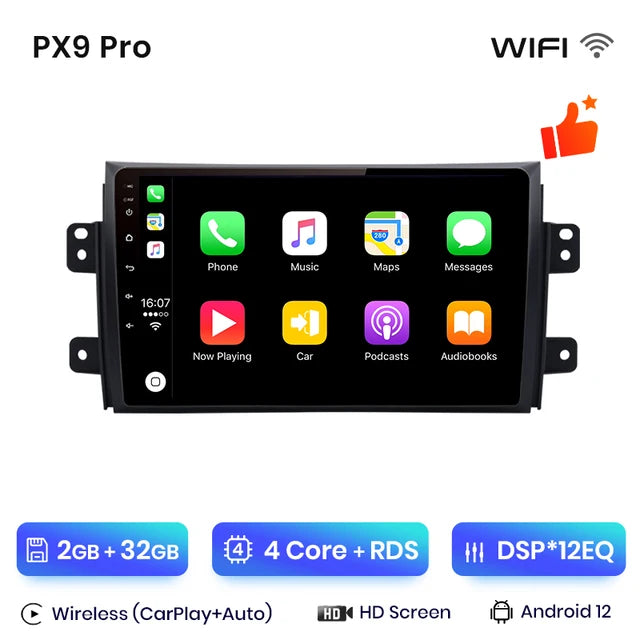 WiFi Controlled, A-2, PX9, 2GB-32GB, Suzuki SX4 2006-2013 Fiat Sedici 2005-2014 Car Radio Multimedia 2din Android Autoradio CarPlay Stereo, Black, 2din