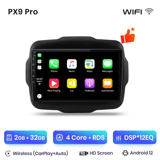 WiFi Controlled,  PX9 Pro Plus Car Radio for Jeep Renegade 2016-2020, CarPlay Android Auto Intelligent System, No DVD, Wireless, 2-32GB, Black