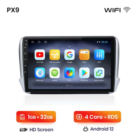 WiFi Controlled, PX9 Plus Car Radio, CarPlay Android Auto, No DVD, Peugeot 2008 208, 2012 - 2018, wireless, 2 din, Black