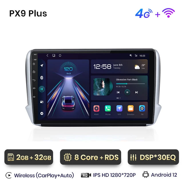 WiFi Controlled, PX9 Plus Car Radio, wireless CarPlay Android Auto, Peugeot 2008 208 2012-2018, No 2 din DVD