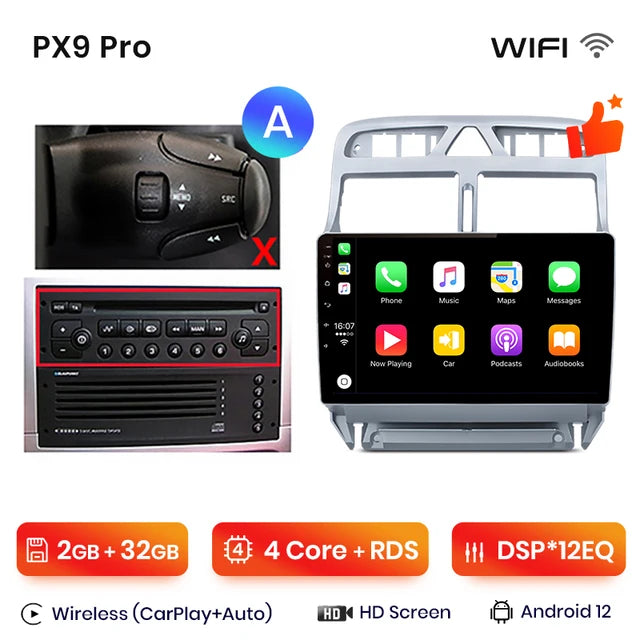 WiFi Controlled, PX9 Pro, Car Radio, Peugeot 307 307CC 307SW 2002-2013, wireless CarPlay Android Auto, No 2 din DVD