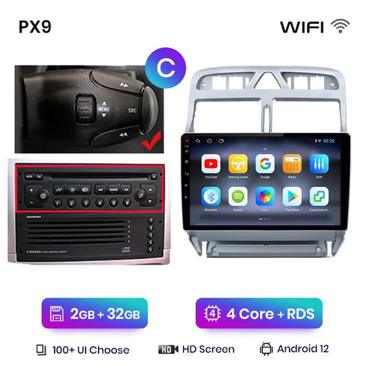 WiFi Controlled,  PX9 Plus Car Radio, Peugeot 307 307CC 307SW 2002 - 2013, wireless CarPlay Android Auto, No 2 din DVD, Black, Size: 2-32