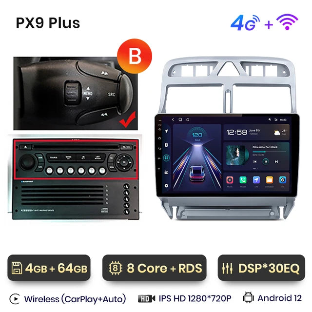 WiFi Controlled, PX9 Plus, 4-64, Car Radio, Peugeot 307 307CC 307SW 2002 - 2013, wireless CarPlay Android Auto, No 2 din DVD