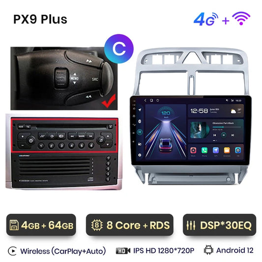 WiFi Controlled, PX9 Plus Car Radio, CarPlay Android Auto, Peugeot 307CC 307SW 2002-2013, No 2 din DVD, Color Black, Size 4-64