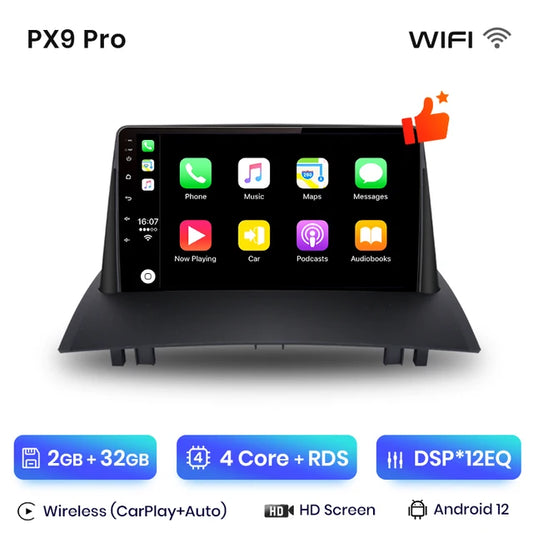 WiFi Controlled,  PX9 Pro, Renault Megane 2 2002-2009, CarPlay Android Auto, No DVD, Size: 2-32, Color: Plus Car Radio.