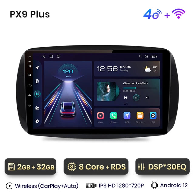 WiFi Controlled, PX9 Plus, Smart Fortwo 453 2014-2020, CarPlay Android Auto, No DVD, Color: N/A, Size: 2-32