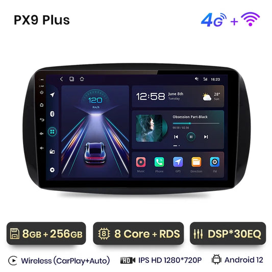 WiFi Controlled,  PX9 Plus Car Radio, Smart Fortwo 453 2014-2020, wireless CarPlay Android Auto, No 2 din, DVD, Color: Black, Size: 8-256.