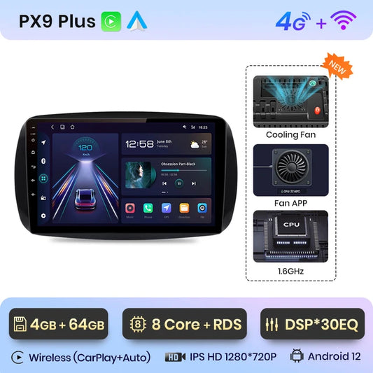 WiFi Controlled, PX9 Plus, 4-64, Car Radio for Smart Fortwo 453 2014 - 2020, Wireless CarPlay Android Auto, No 2 din DVD