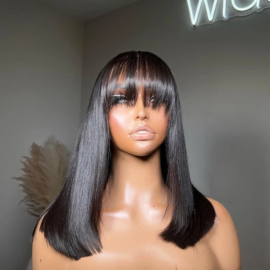 Wig, 150 Short Bob Human Hair with Bang, Full Machine Made, Brazilian, Glueless, No Gel, Straight