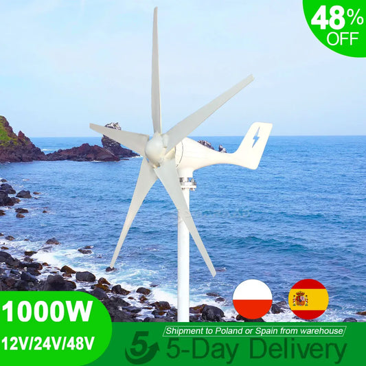 Windmill, Hybrid Control, 1000W, 5 Blades, ES warehouse, 12V/24V/48V, MPPT Controller, Home Use