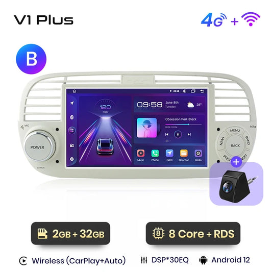 Wireless Speakers, , V1 Plus, 2GB 32GB, FIAT 500 Abarth 2007-2015, Multimedia GPS Navigation autoradio, Support wireless Carplay