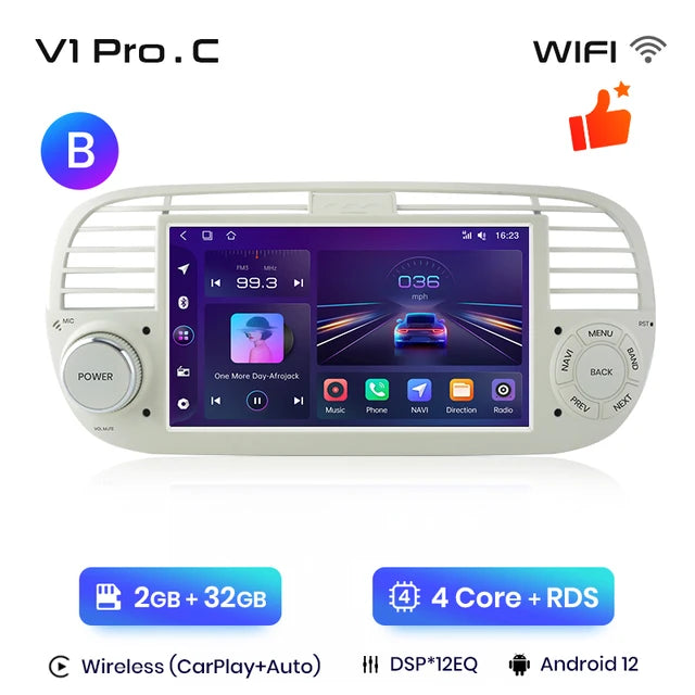 Wireless Speakers, , V1 pro C, 2GB 32GB, FIAT 500 Abarth 2007-2015, Multimedia GPS Navigation autoradio, Support wireless Carplay