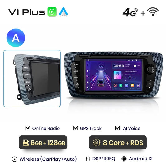 WiFi Controlled, V1 Plus (6GB 128GB), AI Voice, CarPlay Android Auto Radio, Seat Ibiza 6j 2009 - 2013, 4G Car Multimedia GPS, 2din autoradio, Color: [Specify color], Size: [Specify size]