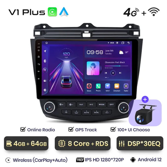 WiFi Controlled, , V1 Plus, 4GB 64GB, AI Voice Wireless CarPlay Android Auto Radio, Honda Accord 7 2003-2008, 4G Car Multimedia GPS, 2din autoradio