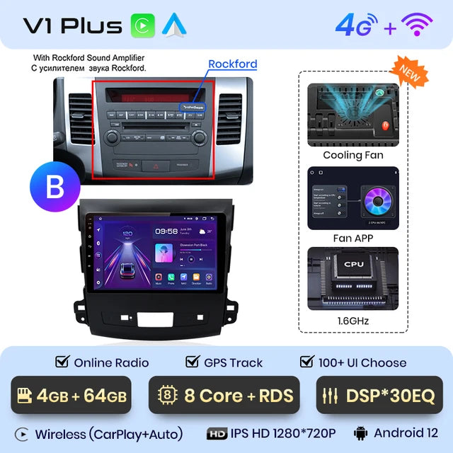 WiFi Controlled, , V1 Plus, 4G 64G, AI Voice, Wireless CarPlay Android Auto Radio, Mitsubishi Outlander xl 2 2005-2011, Citroen C-Crosser 4G Car, Black, Size: Varies