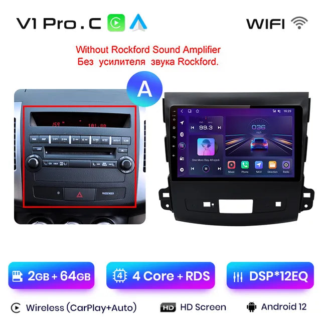 WiFi Controlled, , V1 Pro C (2G 64G), AI Voice, Wireless CarPlay, Android Auto Radio, Mitsubishi Outlander xl 2 2005-2011, Citroen C-Crosser 4G Car, Black, Size: N/A.