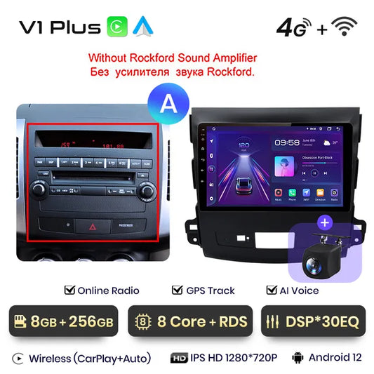 WiFi Controlled, , V1 Plus, 8G 256G, AI Voice, Wireless CarPlay Android Auto Radio, Mitsubishi Outlander xl 2 2005-2011, Citroen C-Crosser 4G Car.