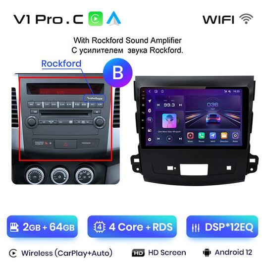 WiFi Controlled, , V1 Pro C, 2G 64G, AI Voice Wireless CarPlay Android Auto Radio, Mitsubishi Outlander XL 2 2005-2011 Citroen C-Crosser 4G Car, Black.