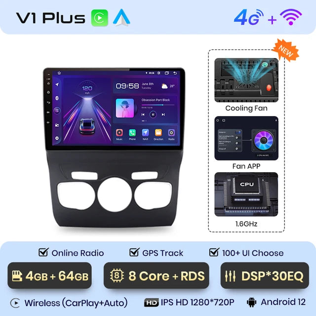 WiFi Controlled, V1 Plus, 4GB-64GB, Citroen C4 2 B7 2013 - 2016, CarPlay Android Auto, intelligent systems, No 2 din, DVD