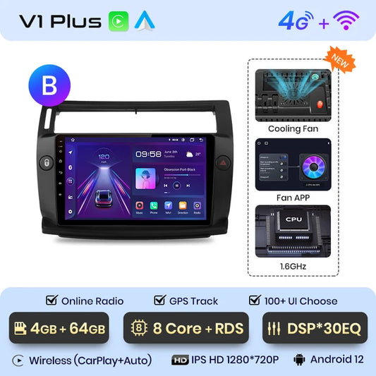 WiFi Controlled, V1 Plus, 4GB-64GB, B, Car Radio, Citroen C4 C-Triomphe C-Quatre 2004-2009, wireless CarPlay Android Auto, No 2 din, DVD