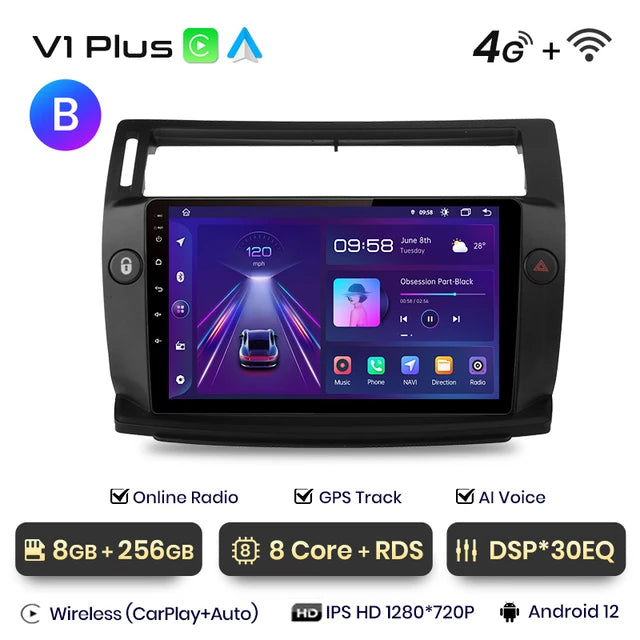 WiFi Controlled, V1 Plus, 8GB-256GB, Car Radio For Citroen C4 C-Triomphe C-Quatre 2004 - 2009, wireless CarPlay Android Auto, No 2 din DVD