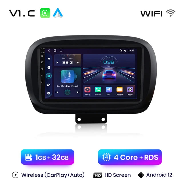 WiFi Controlled, V1.C (1GB-32GB), Fiat 500X 2014-2020, CarPlay, Android Auto, intelligent system, No 2 din, DVD.