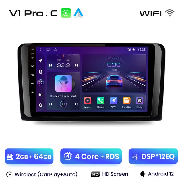 WiFi Controlled, V1 Pro.C (2GB-64GB), Car Radio for Mercedes Benz M-Class W164 GL-Class X164 ML GL, wireless CarPlay Android Auto, 2 din DVD, Black, Standard Size