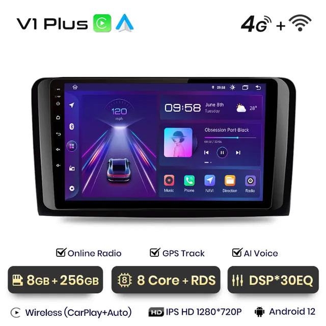 WiFi Controlled,  V1 Plus, Mercedes Benz M-Class W164 GL-Class X164 ML GL, 8GB-256GB, CarPlay Android Auto, Black, No 2 din DVD.