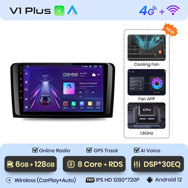 WiFi Controlled, V1 Plus, 6GB-128GB, Car Radio, Mercedes Benz M-Class W164 GL-Class X164 ML GL, CarPlay Android Auto, 2 din, DVD