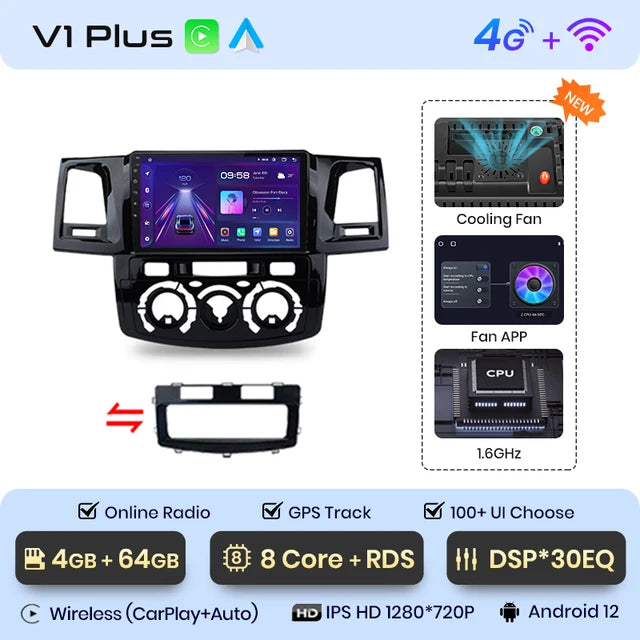 WiFi Controlled,  V1 Plus Car Radio, Toyota Fortuner Hilux Revo Vigo 2007-2015, 4GB-64GB, wireless CarPlay Android Auto, No DVD, 2din