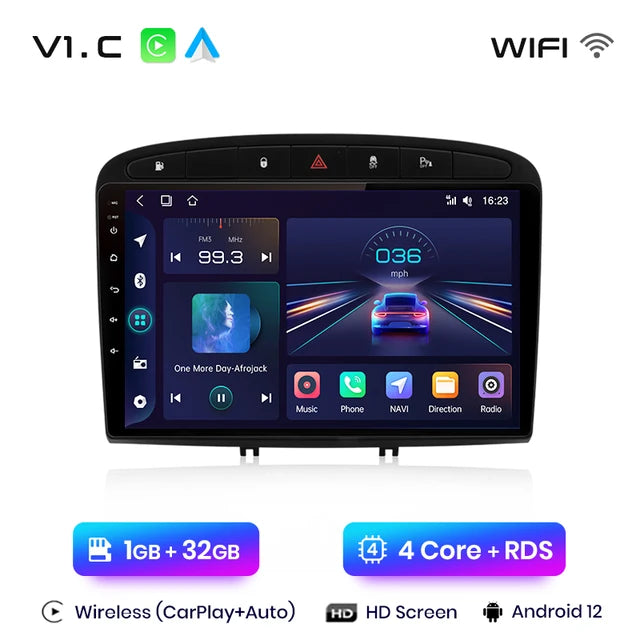 WiFi Controlled, V1C (1GB 32GB), V1Plus 8+256GB, Android 12 Car Radio Multimedia, Peugeot 308 308SW 408 2012-2020, Navigation GPS Wireless Carplay, Black