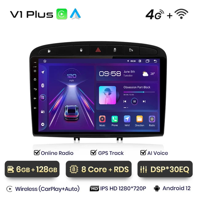 WiFi Controlled, V1 Plus (6GB 128GB), V1Plus 8+256GB, Android 12 Car Radio Multimedia, Peugeot 308 308SW 408 2012-2020 Navigation GPS Wireless Carplay.