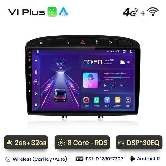 WiFi Controlled, V1 Plus, 2GB RAM 32GB Storage, 8+256GB, Android 12, Car Radio Multimedia, Peugeot 308 308SW 408 2012-2020 Navigation GPS, Wireless Carplay, Black, Size: N/A