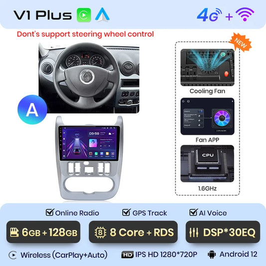 WiFi Controlled, V1 Plus (6GB 128GB), 2 din Android Auto Radio for Renault Logan 1 Sandero 2009-2013 Dacia Duster Carplay 4G Car Multimedia GPS autoradio, Color: N/A, Size: N/A