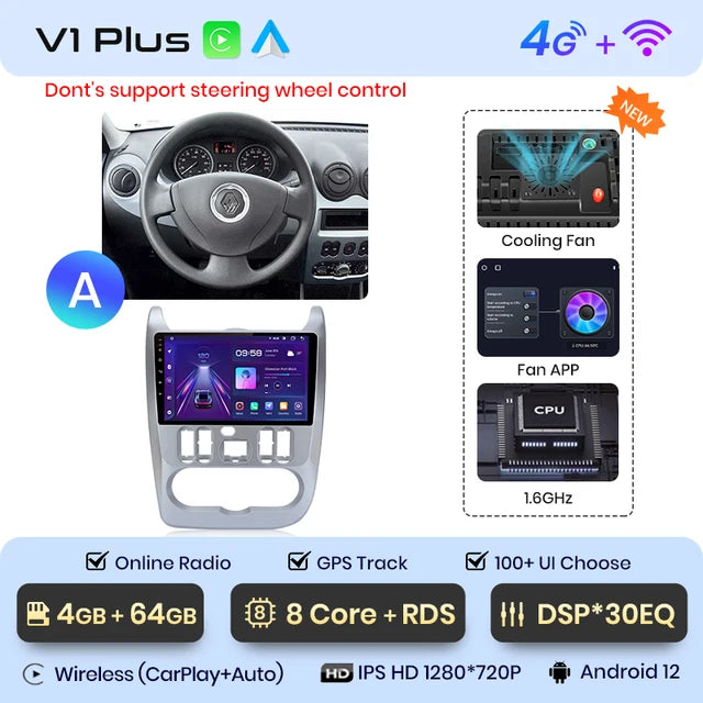 WiFi Controlled, V1 Plus (4GB 64GB)A, 2 din Android Auto Radio, Renault Logan 1 Sandero 2009-2013 Dacia Duster, Carplay 4G Car Multimedia GPS autoradio