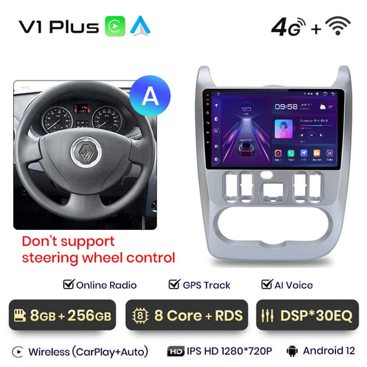 WiFi Controlled, V1 Plus (8GB 256GB), Android Auto Radio for Renault Logan 1 Sandero 2009-2013 Dacia Duster Carplay 4G Car Multimedia GPS autoradio