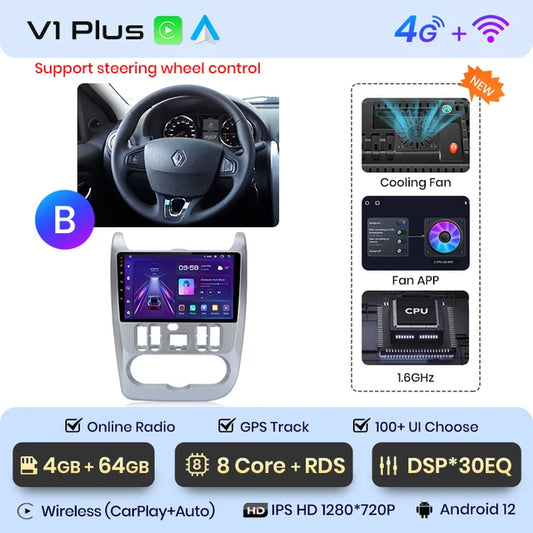 WiFi Controlled, V1 Plus 4GB 64GB, Android Auto Radio Renault Logan 1 Sandero 2009-2013 Dacia Duster Carplay 4G Car Multimedia GPS autoradio, Black, Size: 2 din