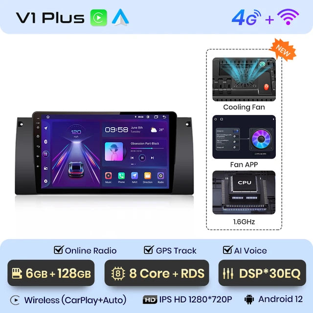 WiFi Controlled,  V1 Plus (6GB 128GB) Car Multimedia GPS 2din autoradio for BMW 5 E39, E53 X5 M5, Carplay, 4G, AI Voice, Android Auto, Black, Size: 2 din