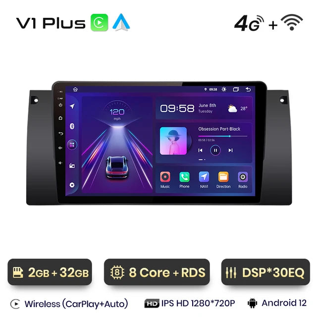 WiFi Controlled, V1 Plus (2GB 32GB) V1pro AI Voice 2 din Android Auto Radio, 4G Car Multimedia GPS autoradio, BMW 5 E39 1995 - 2003 E53 X5 M5 Carplay