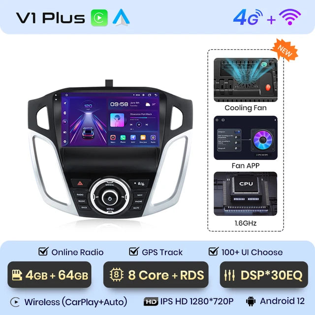 WiFi Controlled, V1 Plus (4GB 64GB), AI Voice, Ford Focus 3 2011-2019, Carplay, 4G, GPS, 2din autoradio