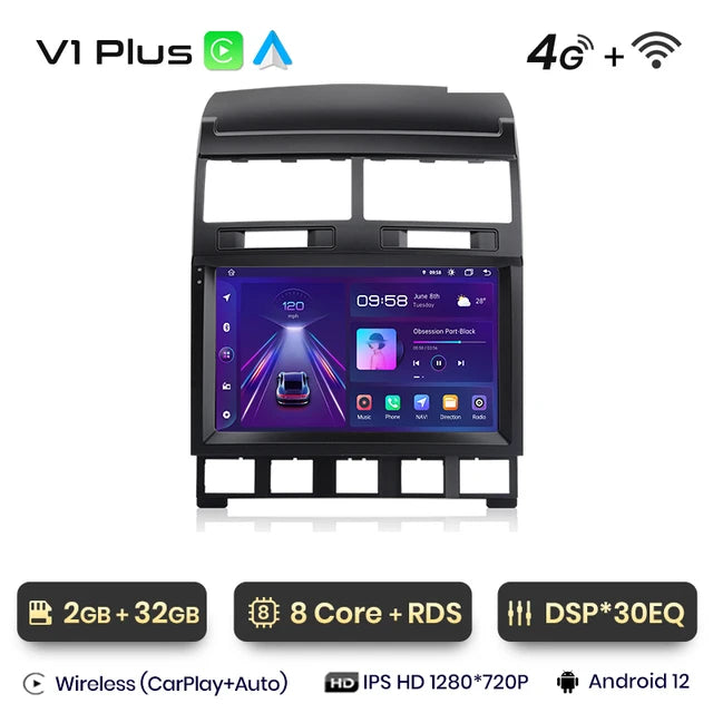 WiFi Controlled, V1 Plus (2GB 32GB), AI Voice, 2 din Android Auto Radio, Volkswagen Touareg 2002-2010, Carplay, 4G, Car Multimedia GPS, 2din autoradio, Black, Standard Size.