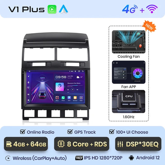 WiFi Controlled, V1 Plus 4GB 64GB, AI Voice, Carplay, 2din Android Auto Radio, Volkswagen Touareg 2002-2010, 4G, Car Multimedia GPS, Color, Size.