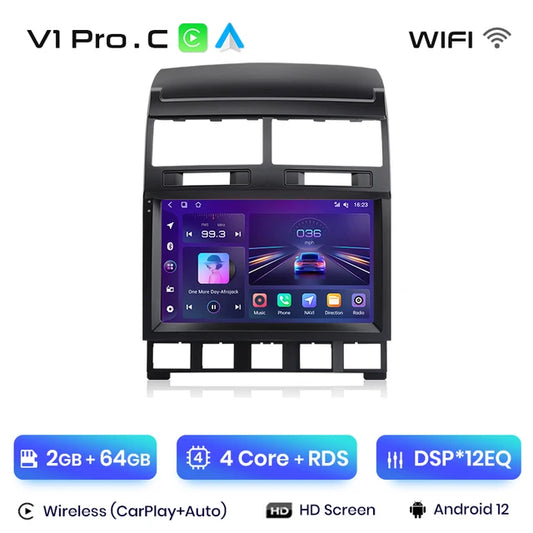 WiFi Controlled, V1 Pro C (2GB 64GB), AI Voice, Carplay, 4G, Multimedia GPS, 2din autoradio, Volkswagen Touareg 2002-2010, for Color, for Size.