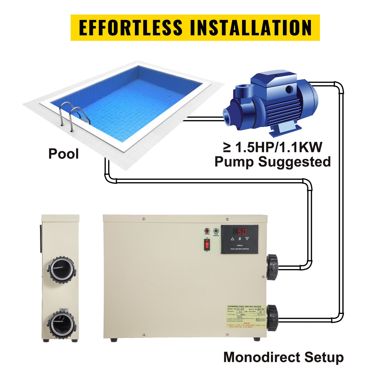 Chauffe-eau électrique 11KW pour piscines extérieures, température réglable, 220V.