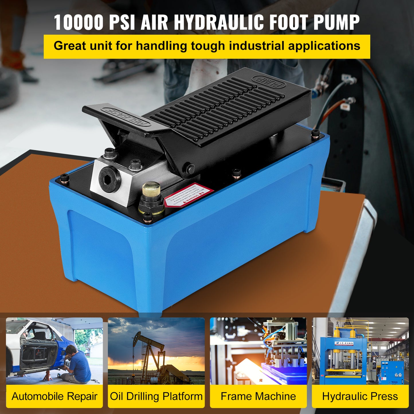 1.6L Foot Operated Air Hydraulic Pump, 6FT Hose, Single Acting 10000PSI.